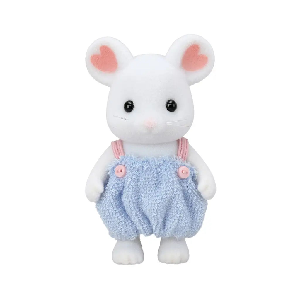 Calico Critters Marshmallow Mouse sister figure with flocked white fur, pink heart-shaped ear accents, and textured blue romper with pink straps and buttons for imaginative play.