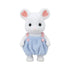 Calico Critters Marshmallow Mouse sister figure with flocked white fur, pink heart-shaped ear accents, and textured blue romper with pink straps and buttons for imaginative play.
