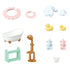 Calico Critters Bath Time Bubble Siblings accessory set showing white bathtub, golden shower stand, pastel toys, yellow rubber ducks, cloud-shaped bubbles, and pink scalloped bath caps.