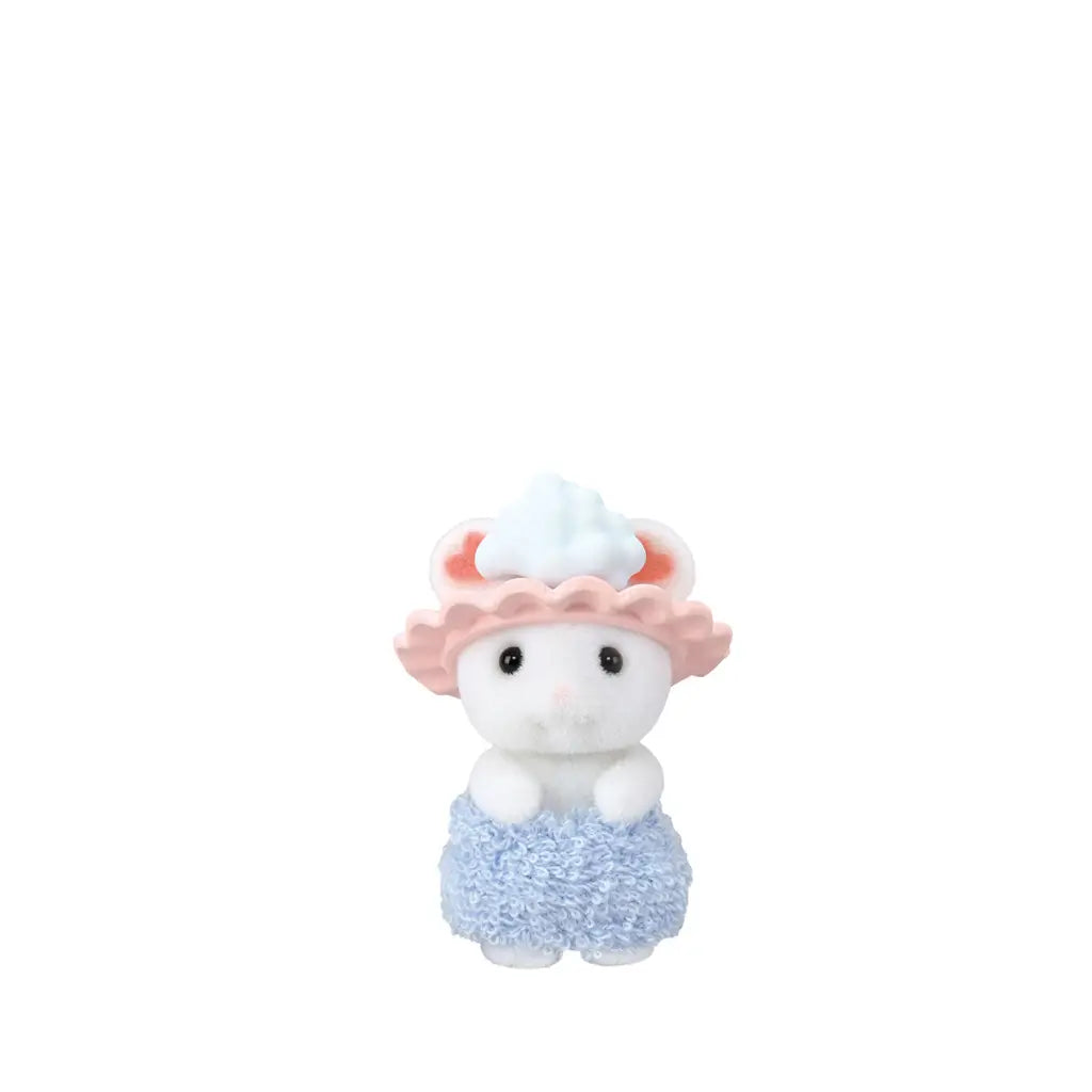 Calico Critters Marshmallow Mouse baby figure with flocked white fur, blue textured towel wrap, and pink scalloped bath cap topped with foam-like bubbles for pretend bath play.