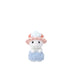 Calico Critters Marshmallow Mouse baby figure with flocked white fur, blue textured towel wrap, and pink scalloped bath cap topped with foam-like bubbles for pretend bath play.