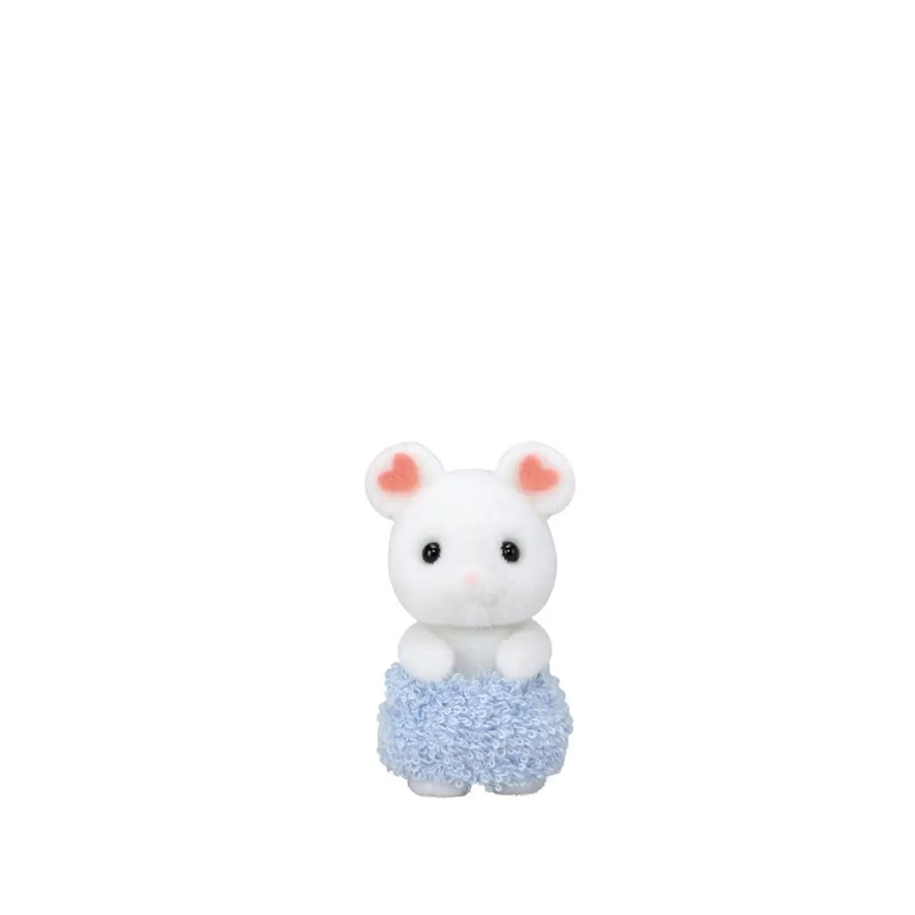 Calico Critters Marshmallow Mouse baby sibling figure with flocked white texture, pink heart-shaped ear details, and a soft blue towel wrap, designed for bath play scenes.