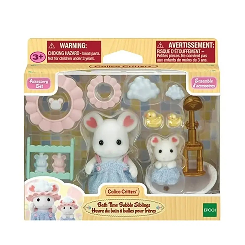 Calico Critters Bath Time Bubble Siblings retail box showing mouse sister and baby with tub, shower, toys, bubbles, and bath caps, packaged with clear plastic window and branding.