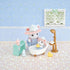 Calico Critters Bath Time Bubble Siblings scene with mouse siblings in a tiled room, bathtub, shower, toys, and shelf, styled with blue wallpaper and lace-trimmed window.