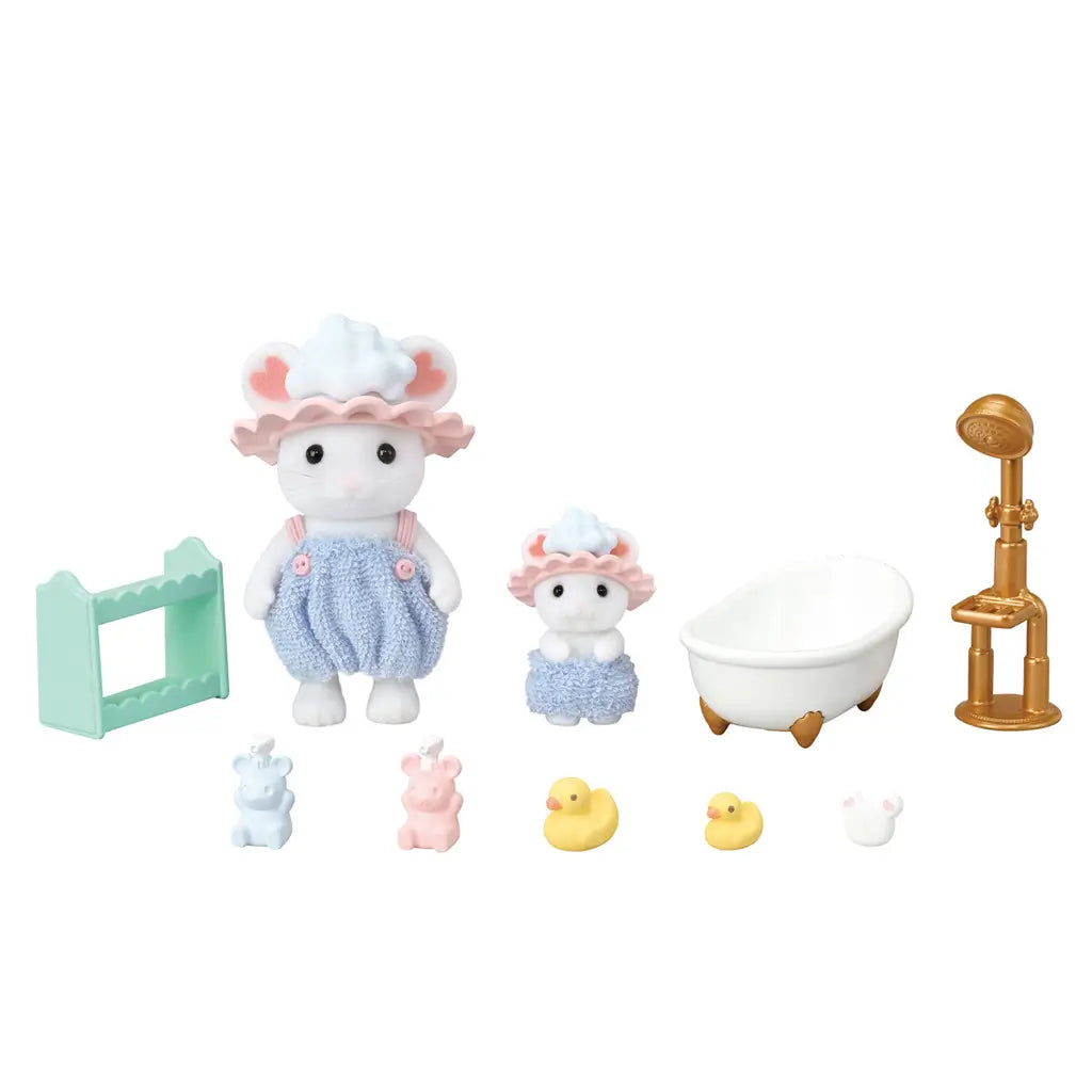 Calico Critters Bath Time Bubble Siblings set featuring white flocked mouse figures in blue outfits with a pink bath cap, paired with tub, shower, toys, and bath accessories.