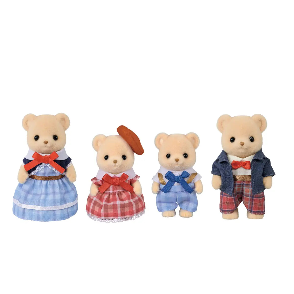 Set of Calico Critters Biscuit Bear Family figures including two adults and two children, wearing red, blue, and plaid clothing with bows and lace details, posed in a row on a plain white backdrop.