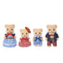 Set of Calico Critters Biscuit Bear Family figures including two adults and two children, wearing red, blue, and plaid clothing with bows and lace details, posed in a row on a plain white backdrop.