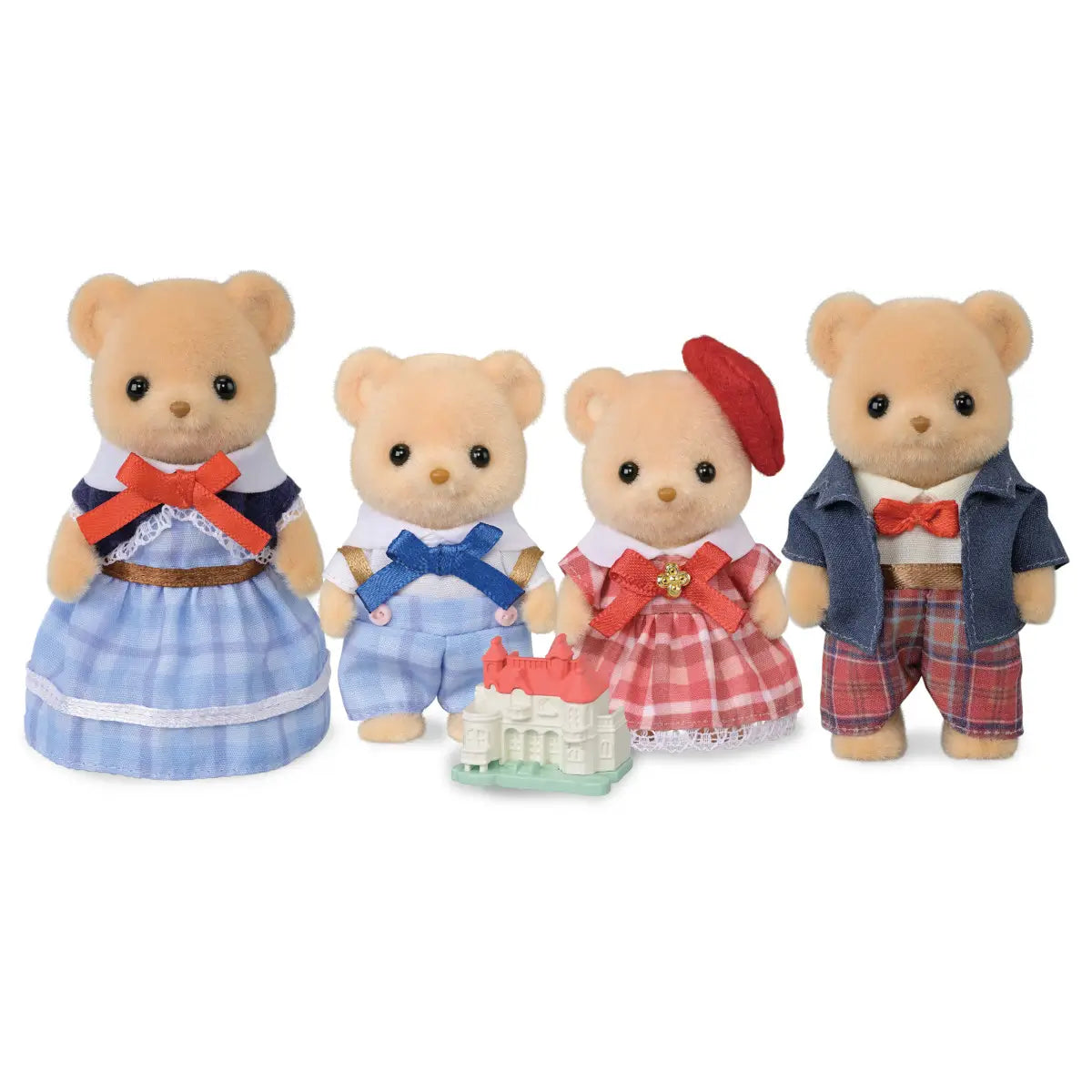 Calico Critters Biscuit Bear Family toy set featuring four tan flocked bear figures with soft fur, dressed in coordinated blue and red plaid outfits, standing with a small toy castle on a white background.