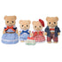Calico Critters Biscuit Bear Family toy set featuring four tan flocked bear figures with soft fur, dressed in coordinated blue and red plaid outfits, standing with a small toy castle on a white background.