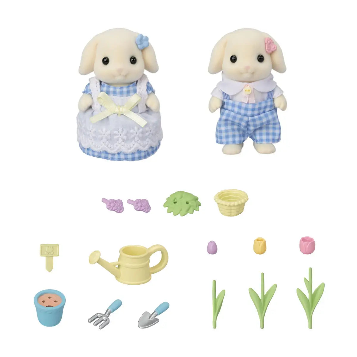 Calico Critters garden set shows two rabbit figures in gingham outfits with small tools, flower stems, colorful tulips, a watering can, and basket accessories displayed.