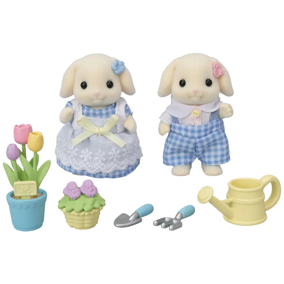 Calico Critters toy set includes two cream rabbit figures in blue gingham outfits, tulip flowers in pots, gardening tools, and a yellow watering can arranged neatly.