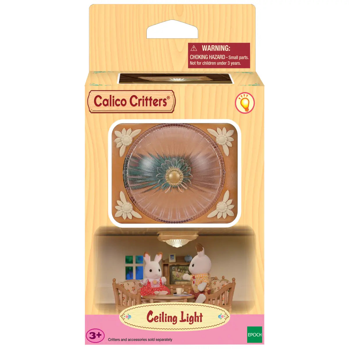 Calico Critters Ceiling Light accessory in packaging showing the ornate dome-shaped lamp with floral accents, labeled “Ceiling Light,” and a small room scene with rabbit figures beneath it.