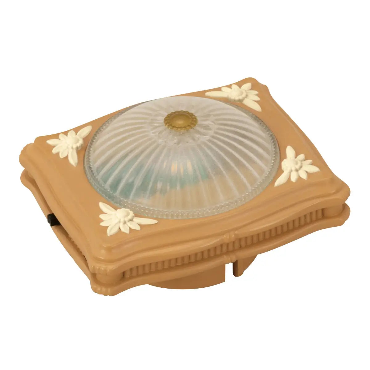 Calico Critters Ceiling Light toy accessory, a tan square fixture with a clear ribbed dome center and molded floral decorations, designed to fit dollhouse interiors, displayed on a white background.