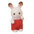 Calico Critters Chocolate Rabbit Baby is a cream flocked rabbit figure with brown-tipped pink ears, black eyes, and red fabric overalls with white lace trim.