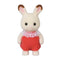 Calico Critters Chocolate Rabbit Baby features cream flocked fur, brown-tipped pink ears, black eyes, and soft red overalls finished with a white lace collar.