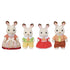 Calico Critters Chocolate Rabbit Family figures with soft white fur and brown ear tips, dressed in red, pink, yellow, and green outfits, posed together on a plain white background.