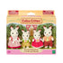 Calico Critters Chocolate Rabbit Family toy set featuring four white rabbits with brown ear tips dressed in colorful fabric clothes, displayed in garden-themed packaging with a pink house backdrop.