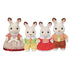Set of Calico Critters Chocolate Rabbit Family figures including two adults and two children with flocked white fur, detailed facial features, and bright patterned clothing against a white backdrop.