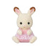 Calico Critters Chocolate Rabbit Twin has cream flocked fur, brown-tipped pink ears, black eyes, and a soft pink outfit with white lace trim, seated on white.