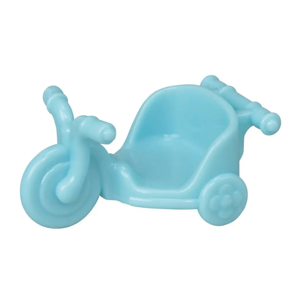 Calico Critters blue tricycle accessory is smooth molded plastic with one large front wheel, two smaller rear wheels, curved handlebars, and a deep passenger seat.