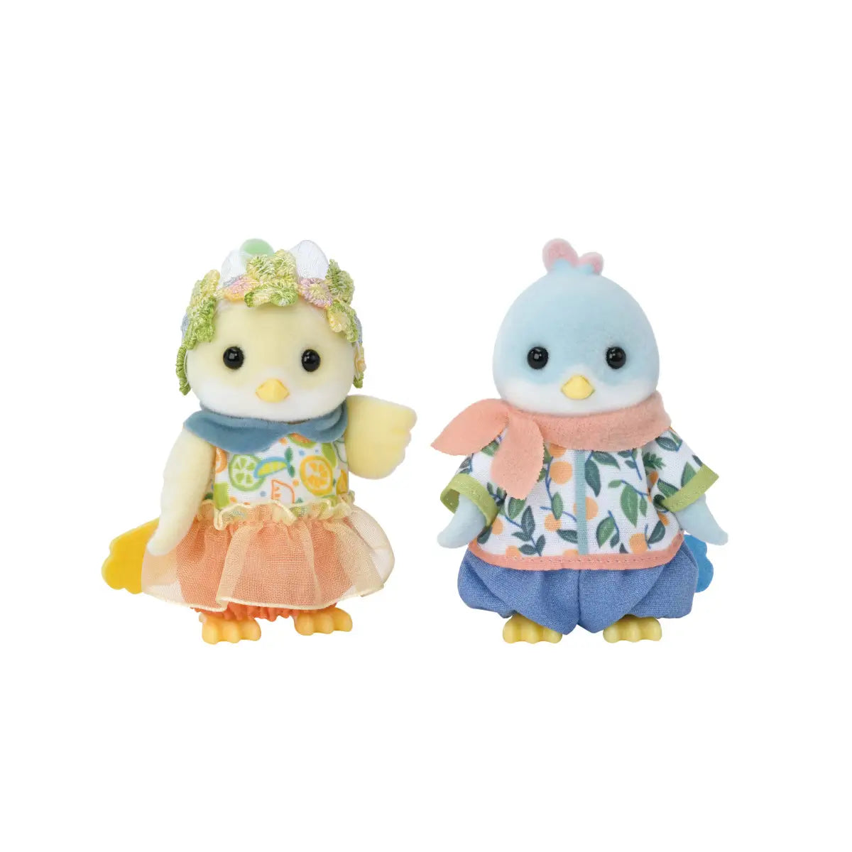 Calico Critters Citrus Bird Family set includes soft yellow and light blue flocked bird figures wearing citrus print shirt, peach tulle skirt, scarf, and blue shorts on white background.