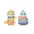 Calico Critters Citrus Bird Family set includes soft yellow and light blue flocked bird figures wearing citrus print shirt, peach tulle skirt, scarf, and blue shorts on white background.
