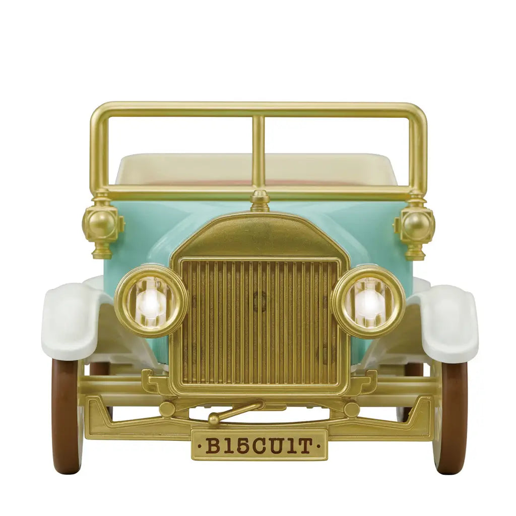 Calico Critters Classic Family Car front view features a mint body, gold grille and lamps, cream fenders, brown tires, and B1SCU1T plate against a white background.
