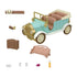 Calico Critters Classic Family Car set includes a mint and gold convertible, tan bench seat, brown suitcase, steering part, horn, clear glasses, grapes, and drink.