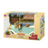 Calico Critters Classic Family Car boxed playset displays a mint convertible with gold trim and tan seats, plus a brown suitcase, bench, drink, glasses, and grapes.