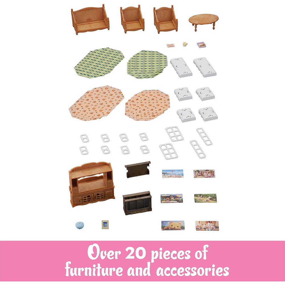 The pieces included with the Calico Critters Comfy Living Room Set