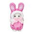 Calico Critters baby figure wears a pink polka-dot plush bunny costume with tall pink-lined ears, white fuzzy hood trim, and a pale pink satin bow on a white background.
