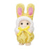 Calico Critters baby figure wears a yellow polka-dot plush bunny costume with tall pink-lined ears, white fuzzy hood trim, and a yellow satin bow on a white background.