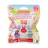 Calico Critters Cutie Collectibles blind box has pastel paper packaging showing five colorful bunny costume babies, with a collect-all-five message and age 3+ warning.
