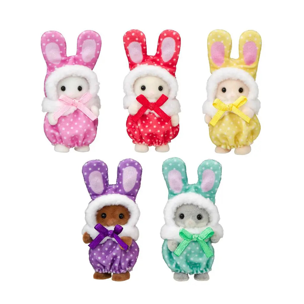 Calico Critters bunny costume babies include five flocked figures in pink, red, yellow, purple, and mint polka-dot plush suits with bows on a white background.