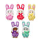 Calico Critters bunny costume babies include five flocked figures in pink, red, yellow, purple, and mint polka-dot plush suits with bows on a white background.