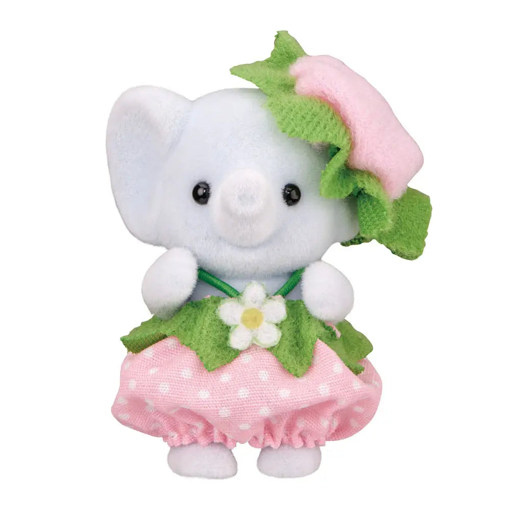 Calico Critters Very Berry Babies elephant figure with pale blue flocked texture, large rounded ears, raised trunk, and black eyes, wearing a pink strawberry-inspired skirt and green leaf collar for collectible play.