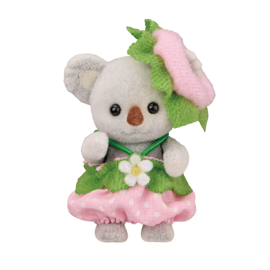 Calico Critters Very Berry Babies koala figure in soft gray flocked finish, with round ears and brown nose, dressed in a pink strawberry-style skirt and green felt leaves for sweet imaginative play displays.