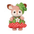 Calico Critters Very Berry Babies deer figure with tan and cream flocked texture, rounded ears, and gentle expression, wearing a red polka-dot strawberry skirt and green leaf details for themed collectible nursery play.