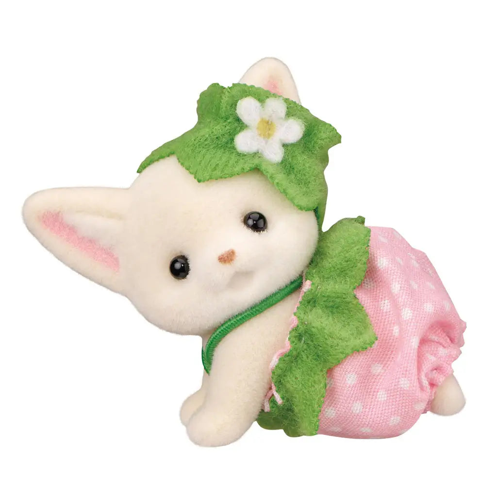 Calico Critters Very Berry Babies crawling baby figure in cream flocked material, shown on all fours wearing a pink strawberry skirt and green leaf headpiece, adding pose variety to imaginative nursery scenes.