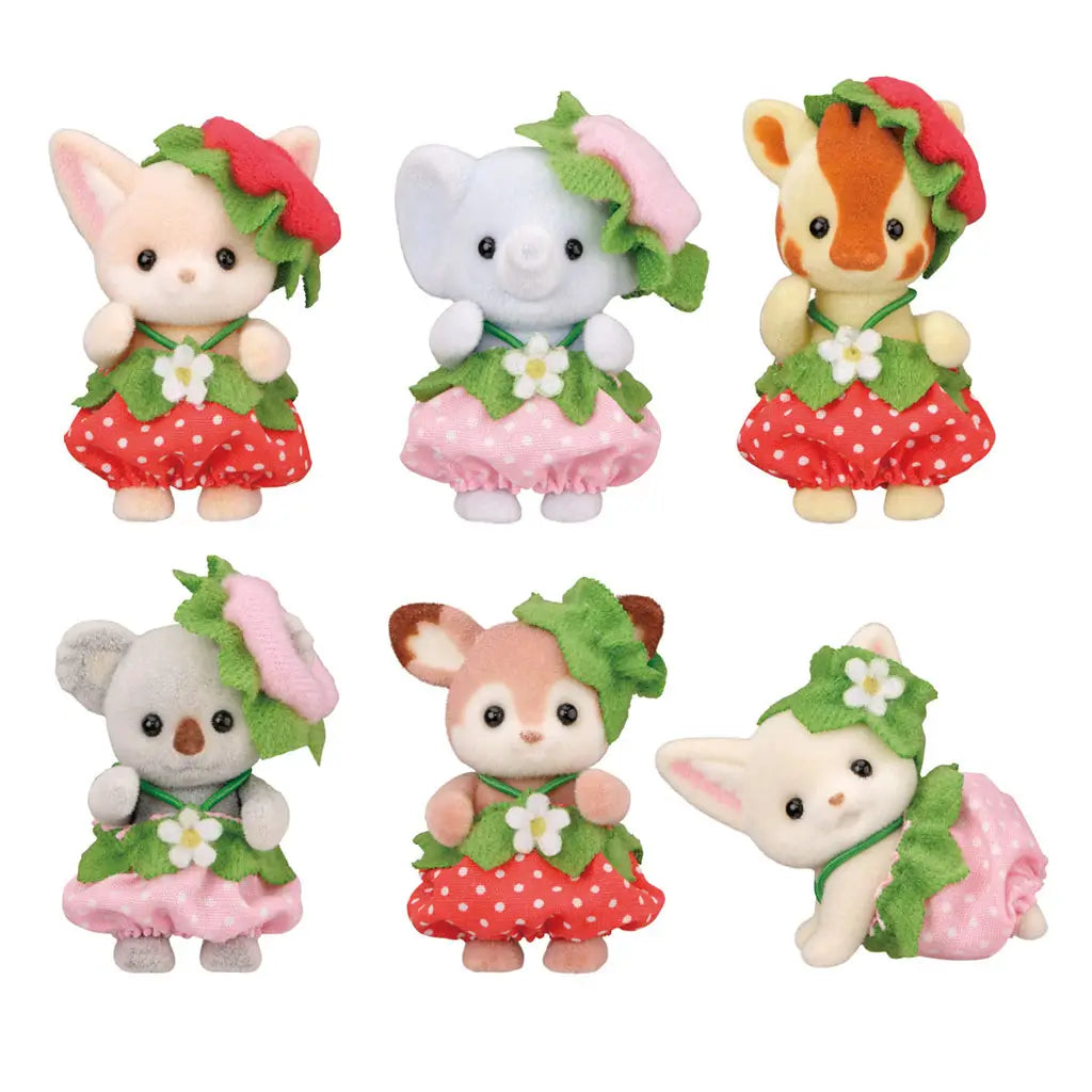 Calico Critters Very Berry Babies collectible set showing pastel flocked animal baby figures in red and pink strawberry-themed outfits with green felt leaves, rounded shapes, soft textures, and playful poses on a white background.