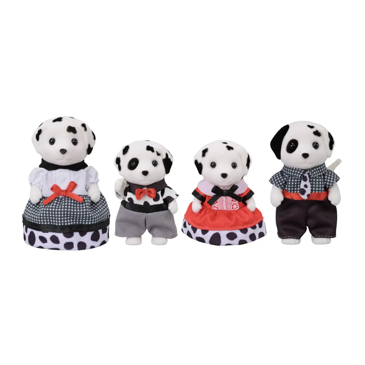 Dalmatian family toy set features white plush figures with black spots, soft felt texture, rounded puppy shapes, dressed in red, gray, and black outfits for imaginative play, displayed on a clean white background.