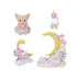 Calico Critters Daydream Parade Playset pieces including fennec fox figure, crescent moon base, pastel train, and balloon swing, all in soft pastel colors displayed on a white background.