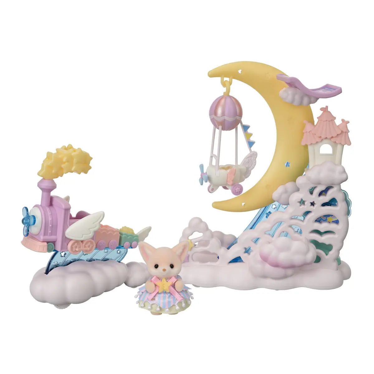 Calico Critters Daydream Parade Playset complete scene with moon, clouds, pastel train, and fennec fox figure dressed in blue and pink, combining magical sky and fantasy theme elements.