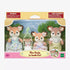 Calico Critters Deer Family toy set in retail packaging, featuring four flocked brown and cream deer figurines with pastel floral outfits against a scenic garden backdrop.