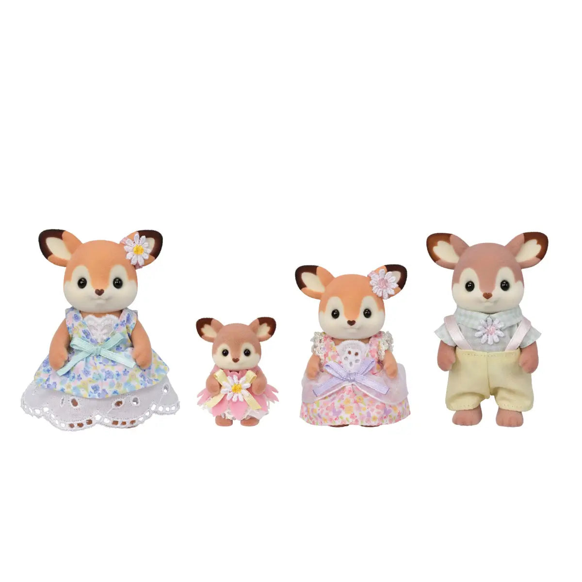 Calico Critters Deer Family set features soft brown flocked deer figures with cream faces wearing pastel floral dresses, lace trim, bows, and light green overalls displayed on white background.