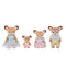 Calico Critters Deer Family set features soft brown flocked deer figures with cream faces wearing pastel floral dresses, lace trim, bows, and light green overalls displayed on white background.