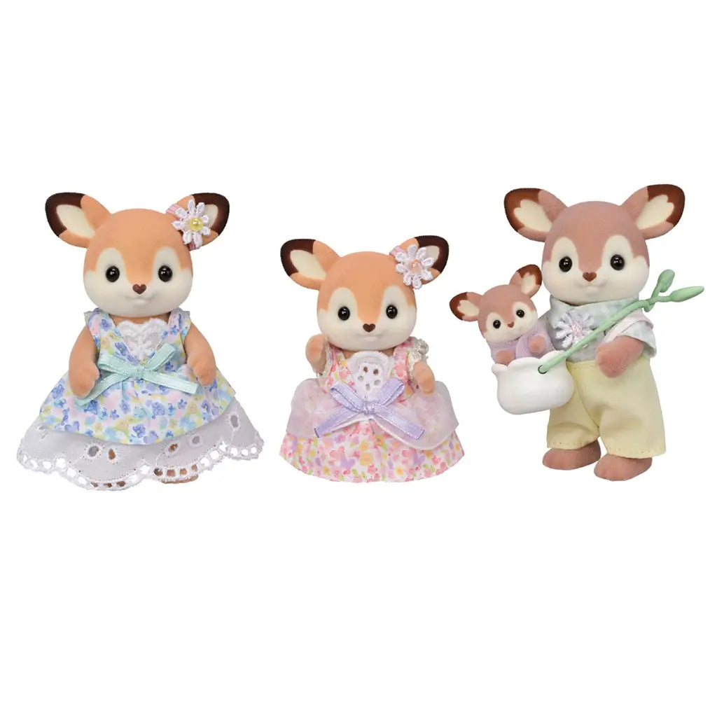 Calico Critters Deer Family figurines displayed on a white background, including a father, mother, child, and baby deer with flocked textures and pastel floral clothing.
