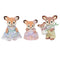 Calico Critters Deer Family figurines displayed on a white background, including a father, mother, child, and baby deer with flocked textures and pastel floral clothing.