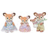 Calico Critters Deer Family figurines displayed on a white background, including a father, mother, child, and baby deer with flocked textures and pastel floral clothing.