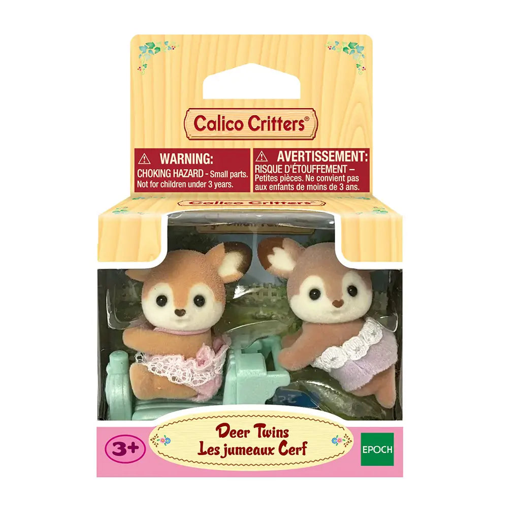 Calico Critters Deer Twins toy set in original retail box, featuring two baby deer figurines in lace outfits with a mint stroller, designed for children ages 3 and up.